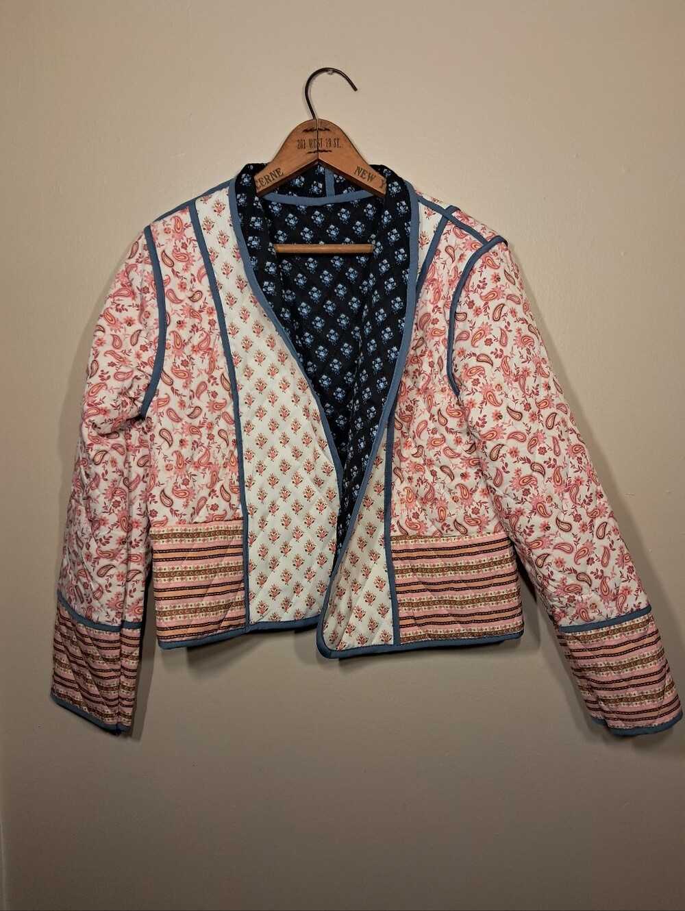 Quilted Patchwork Floral Boho Cropped Jacket - Pink & Blue